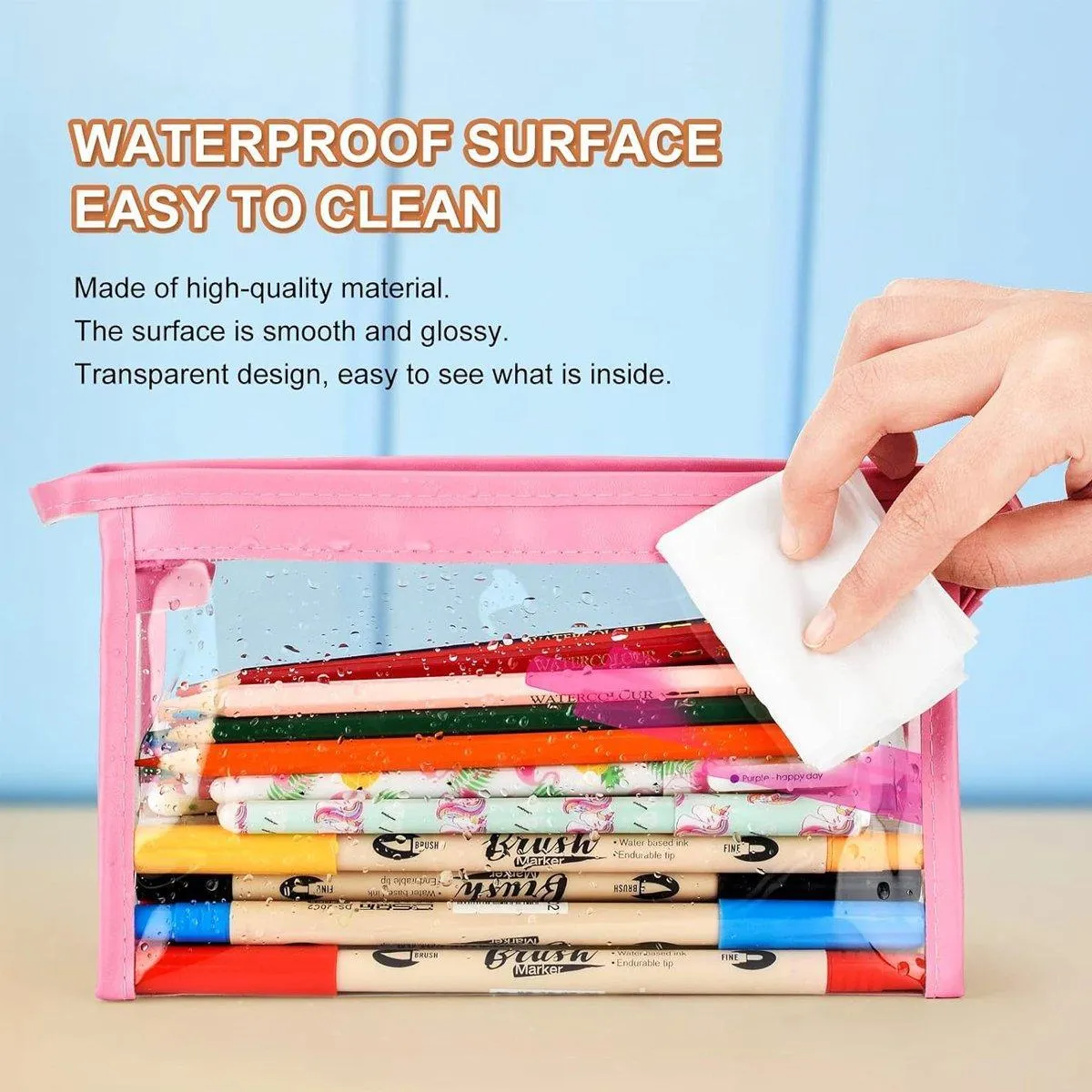 2PCS Transparent Zipper Pencil Case Cosmetic Pouch Pen Storage Bag for Girls