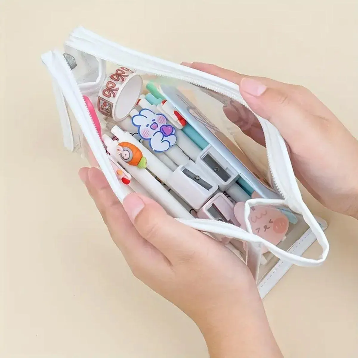 2PCS Transparent Zipper Pencil Case Cosmetic Pouch Pen Storage Bag for Girls