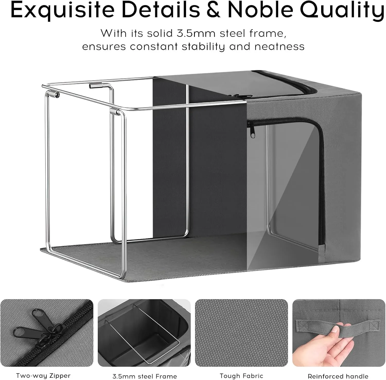 3-Pack Clothes Storage Bins with Metal Frame, Foldable 40L Linen Storage Boxes with Lids, Clear Windows, Zippers & Durable Handles - Grey