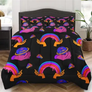 3 Pcs Comforter Set Full Size, Space Trippy Rainbow Soft 3 Pcs Bedding for Kids and Adults, Retro Happy Diamond Comforter Set with 2 Pillowcases for Bedroom Bed Decor