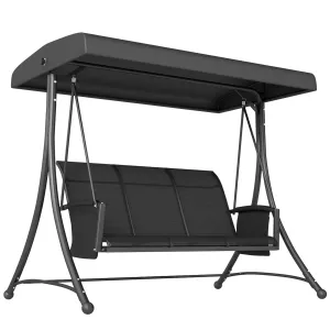 3 Person Porch Swing, Outdoor Swing Chair with High Back Design, Side Pouches and Adjustable Canopy, Black