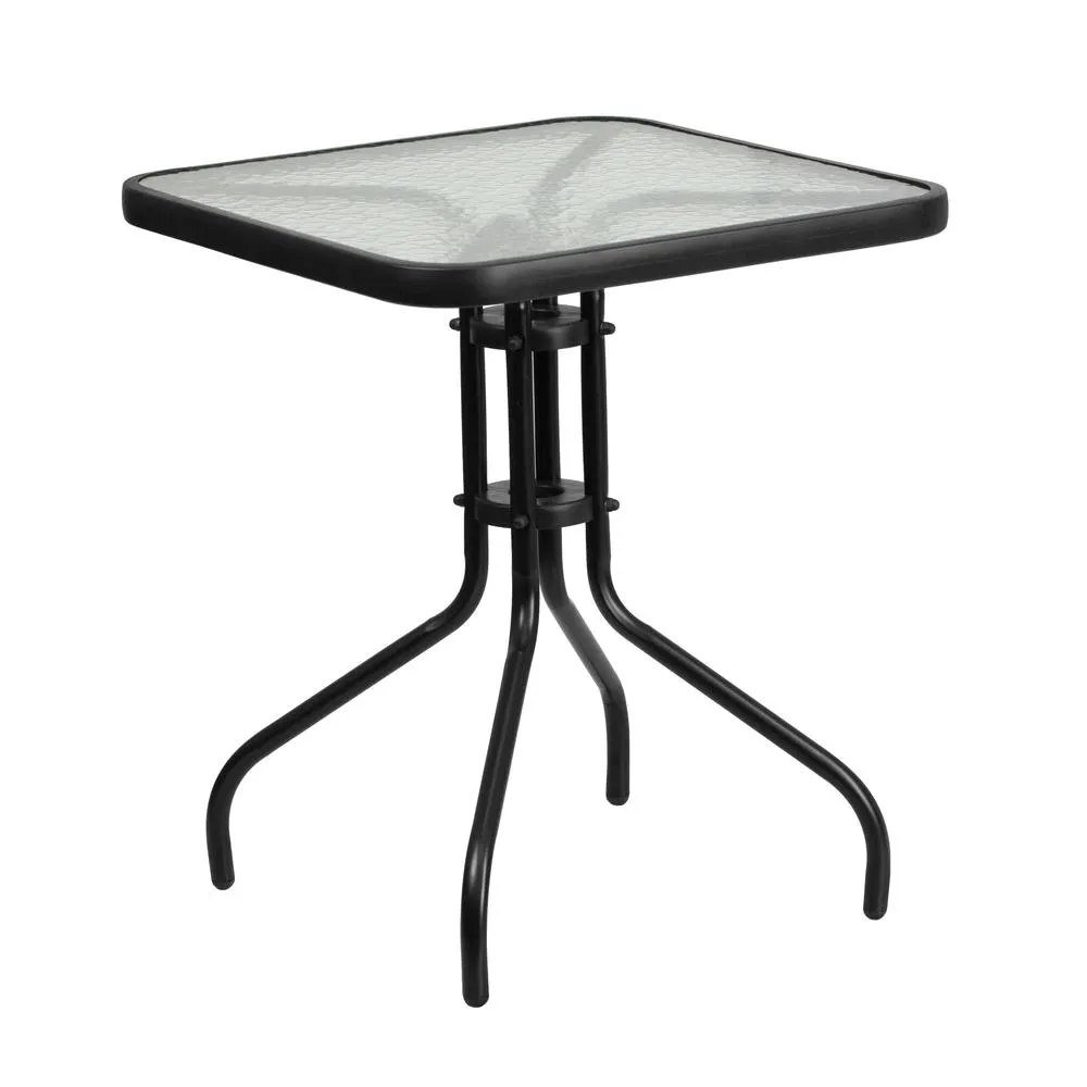 3 Piece Outdoor Patio Dining Set - Square Tempered Glass Patio Table, Gray Flex Comfort Stack Chairs