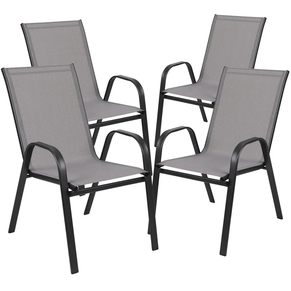 3 Piece Outdoor Patio Dining Set - Square Tempered Glass Patio Table, Gray Flex Comfort Stack Chairs