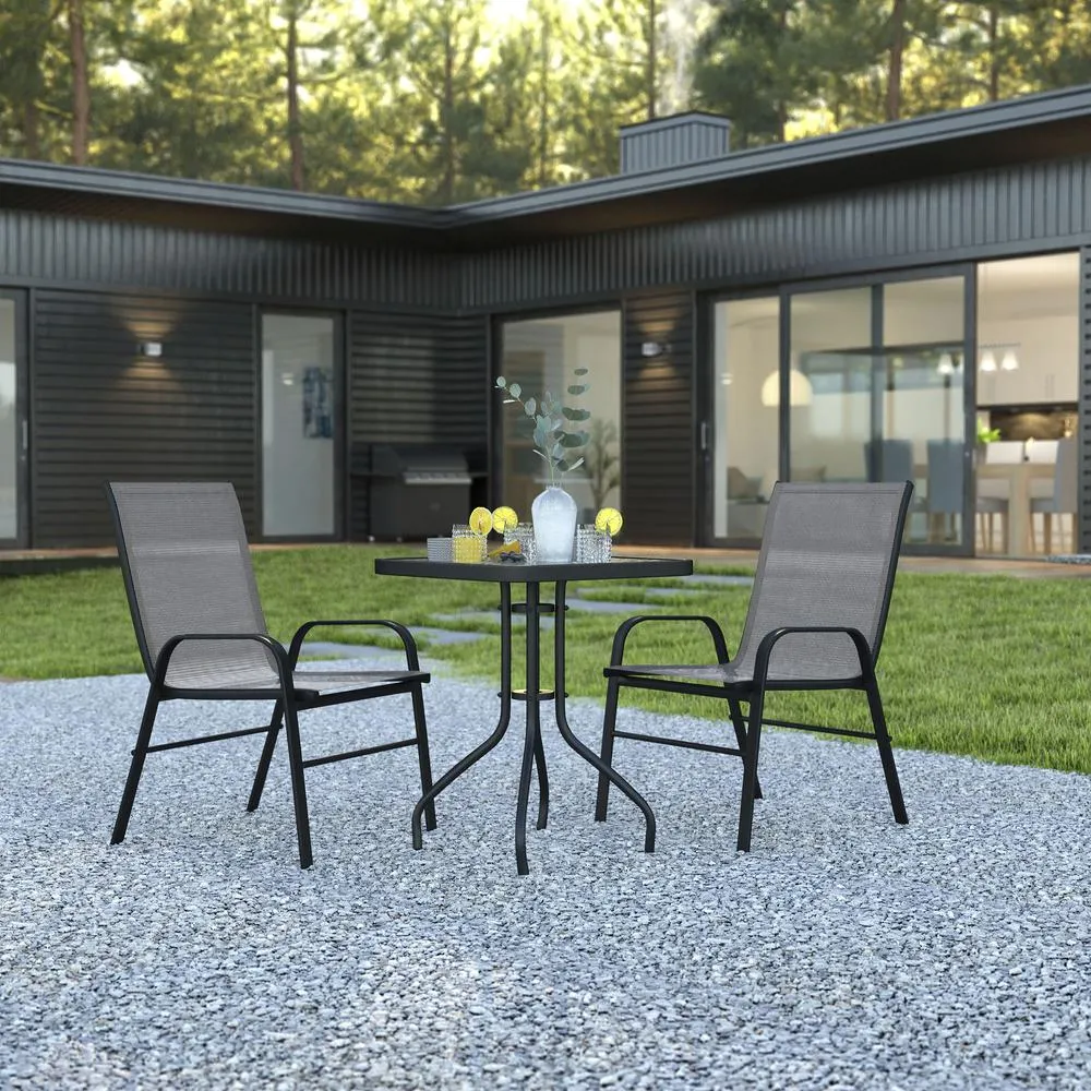 3 Piece Outdoor Patio Dining Set - Square Tempered Glass Patio Table, Gray Flex Comfort Stack Chairs