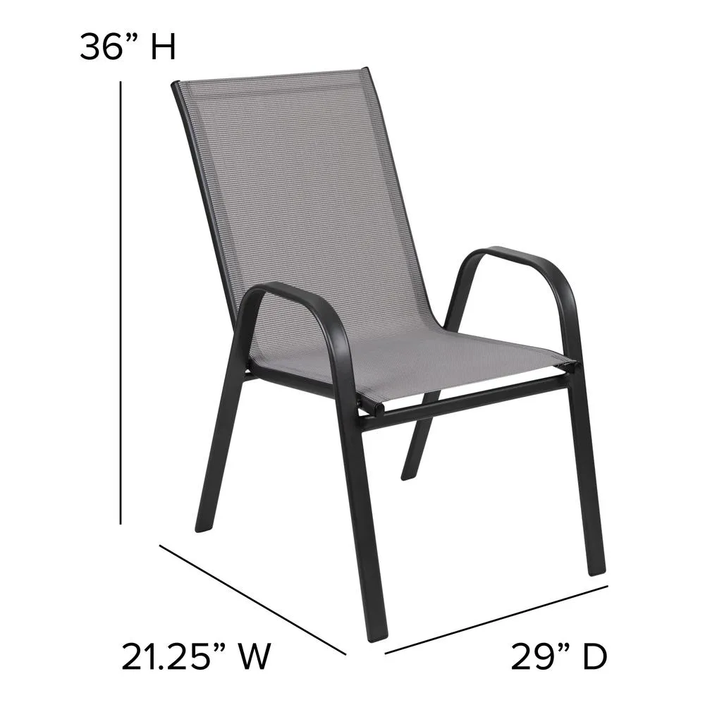 3 Piece Outdoor Patio Dining Set - Square Tempered Glass Patio Table, Gray Flex Comfort Stack Chairs