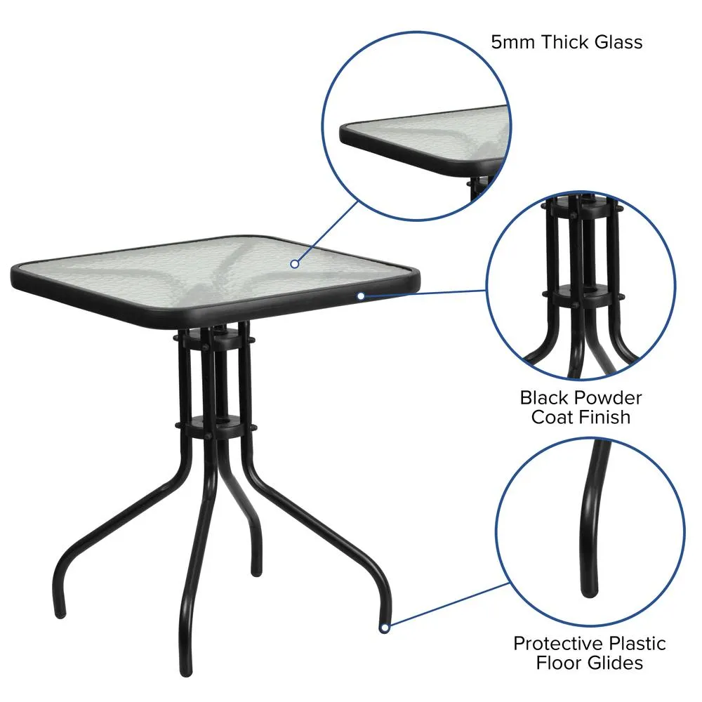 3 Piece Outdoor Patio Dining Set - Square Tempered Glass Patio Table, Gray Flex Comfort Stack Chairs