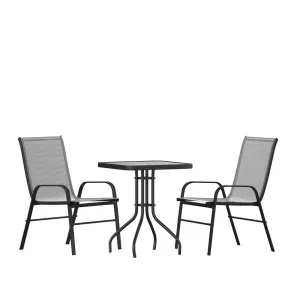 3 Piece Outdoor Patio Dining Set - Square Tempered Glass Patio Table, Gray Flex Comfort Stack Chairs