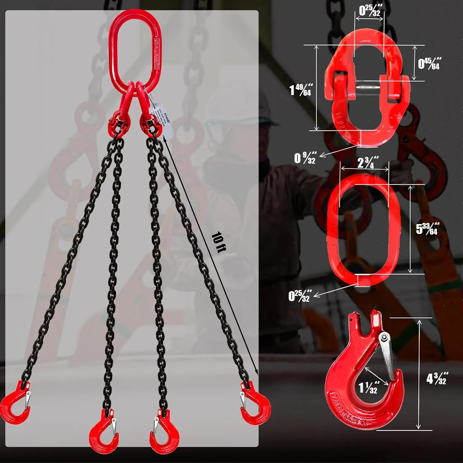 3 Ton 4 Leg Chain Sling 1/4” 10 Ft, G80 Alloy Steel 4 Way Chain Slings Quadruple Leg Slings Lifting with 4 Safety Grab Hooks Heavy Duty for Engine Hoist Lifts…