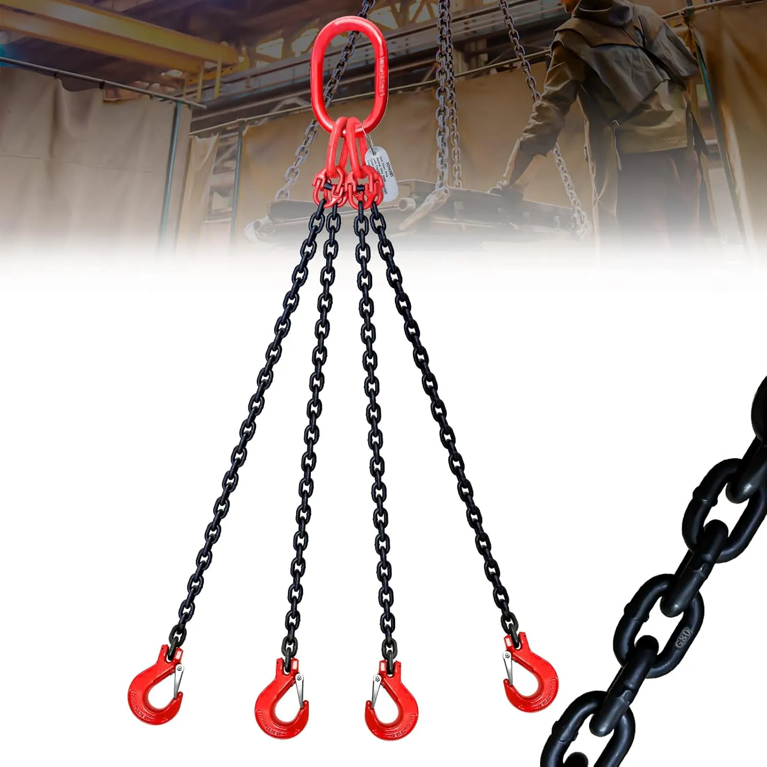 3 Ton 4 Leg Chain Sling 1/4” 10 Ft, G80 Alloy Steel 4 Way Chain Slings Quadruple Leg Slings Lifting with 4 Safety Grab Hooks Heavy Duty for Engine Hoist Lifts…