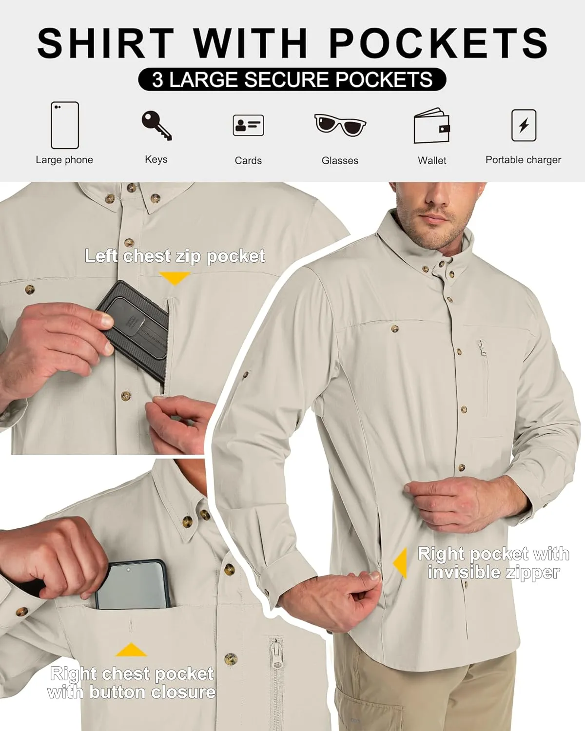 33,000ft Men's UPF 50  UV Protection Long Sleeve Hiking Shirts Breathable Quick Dry Fishing Shirts for Safari, Outdoor