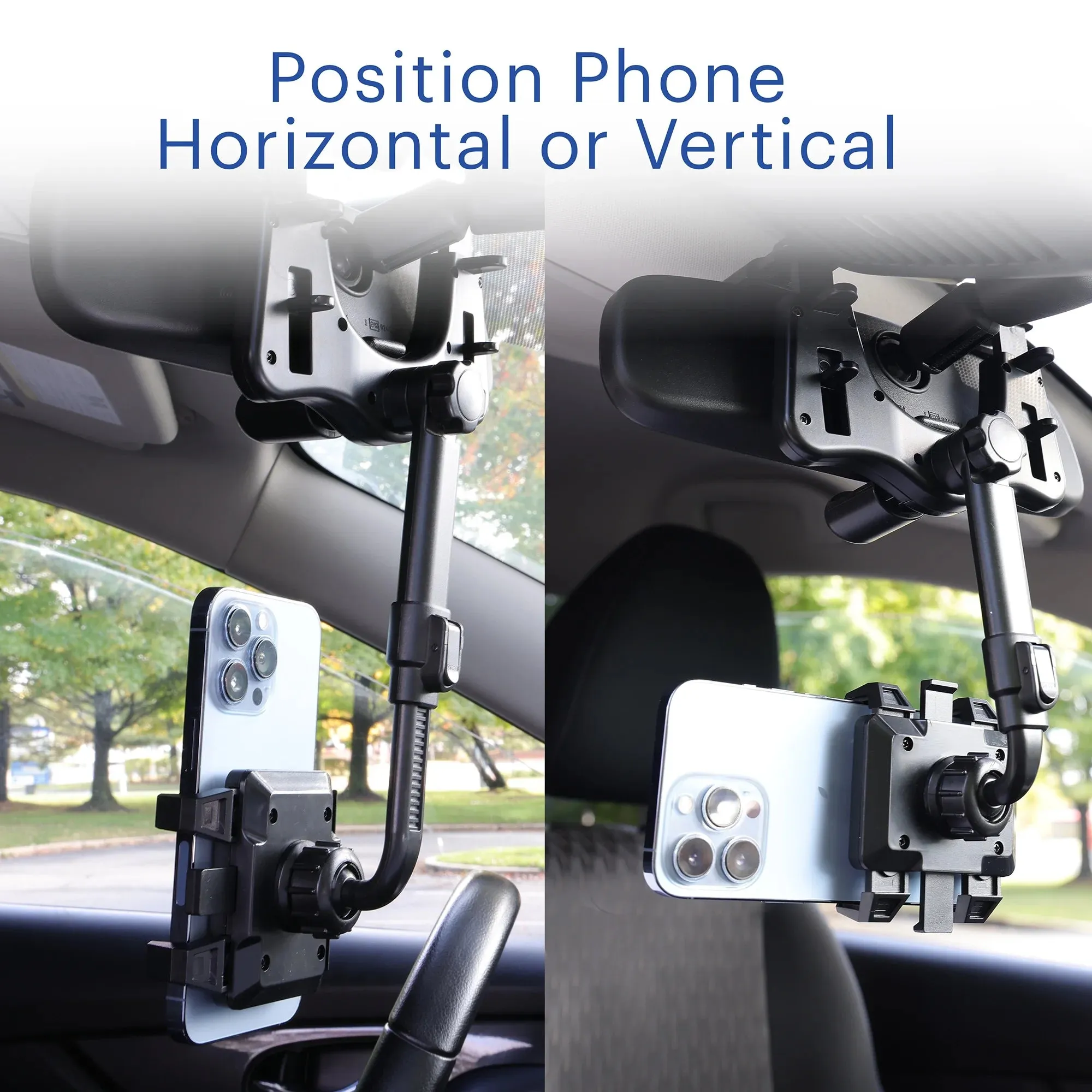 360 Degree Rearview Mirror Mobile Plastic Black Phone Mount, Universal Multifunctional Design