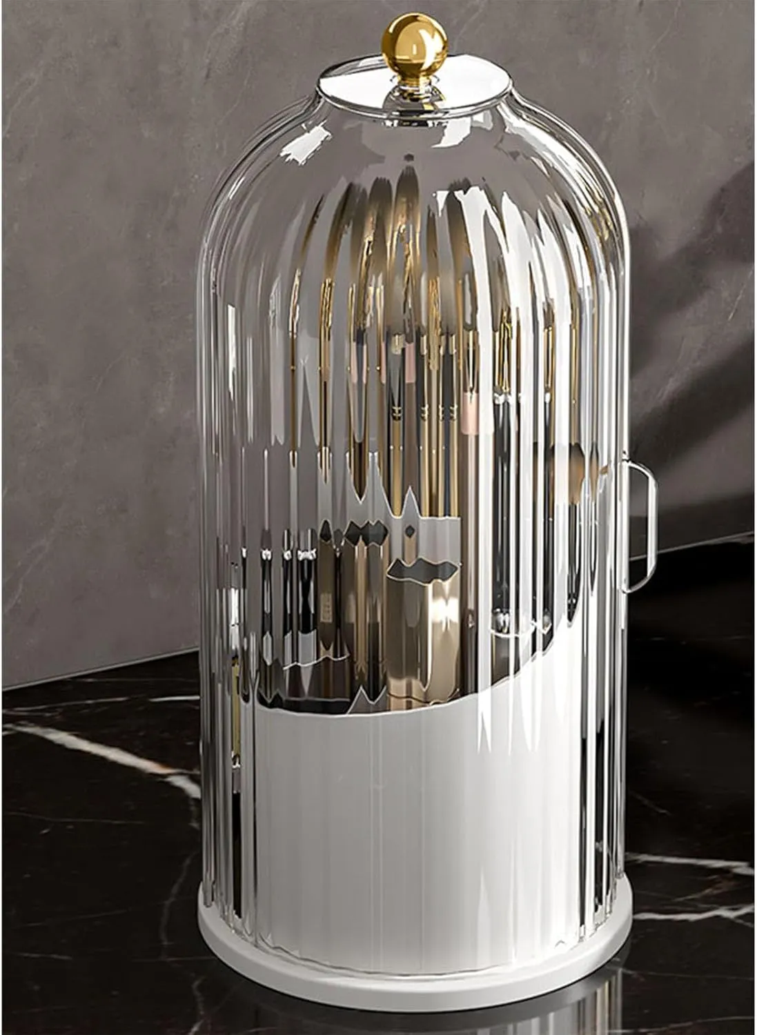 360°Rotating Makeup Brushes holder with Lid，Make Up Organizers and Storage for Vanity Countertop or Bedroom Dresser（Transparent white）