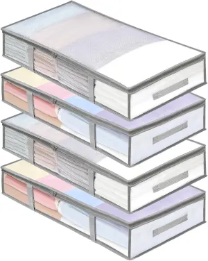4 Packs Under Bed Storage Containers Bins, Humid-Proof Plastic Underbed Storage Bins, Closet Organizers and Clothes Storage Bags, Under the Bed Blanket Storage with Handles for Clothes,Bedroom