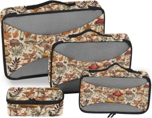4 Pcs set travel organizer bags Mesh Travel Essentials Mushrooms Leaves Vintage lightweight packing cube set