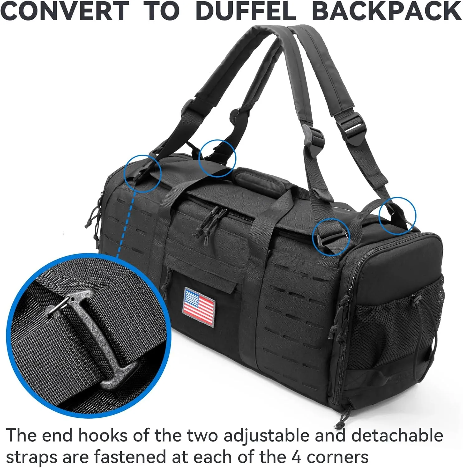 48L Military Duffle Bag with Separate Shoe Compartment,Tactical Gear Backpack Molle System,Black