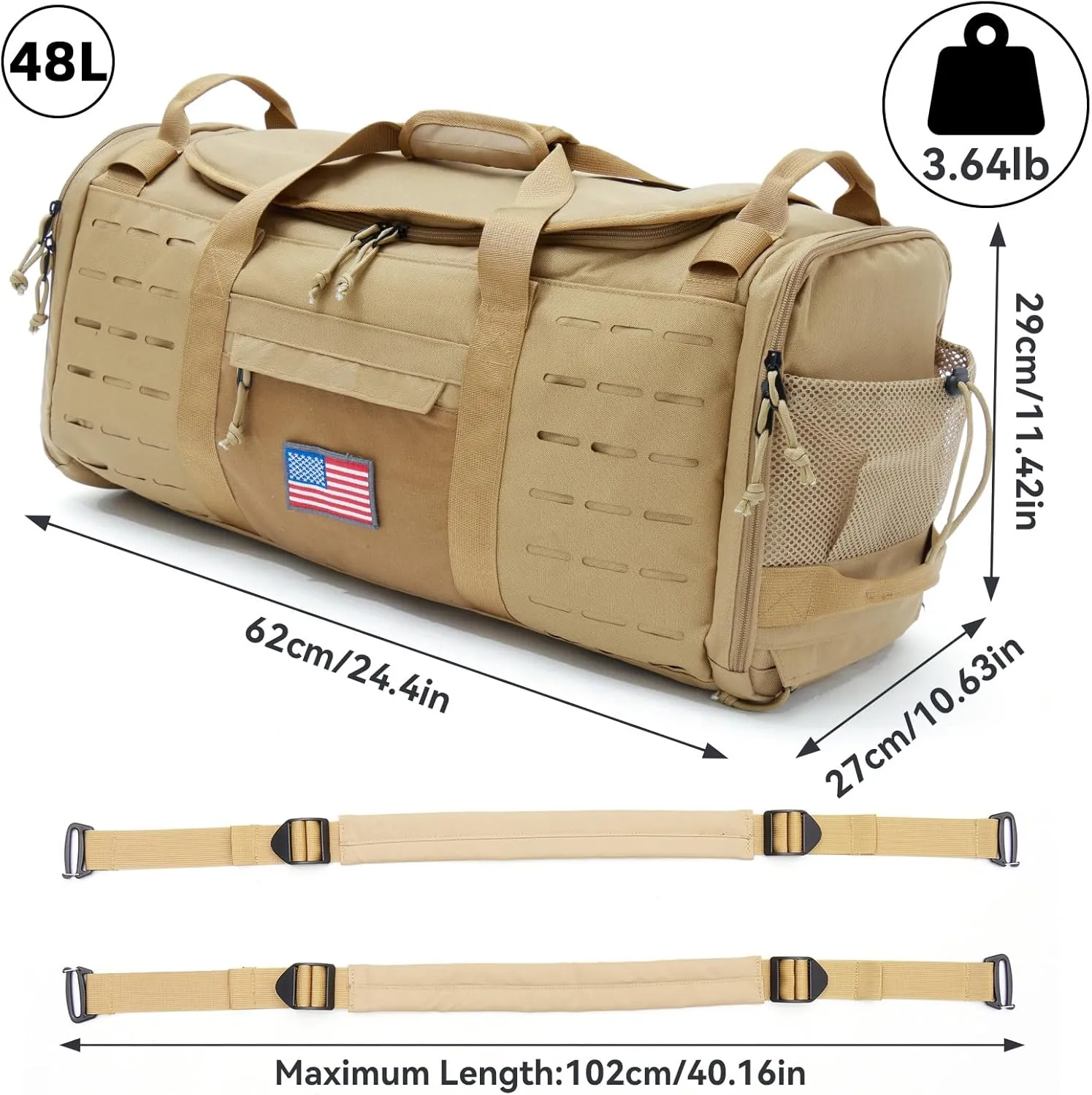 48L Military Duffle Bag with Separate Shoe Compartment,Tactical Gear Backpack Molle System,Khaki