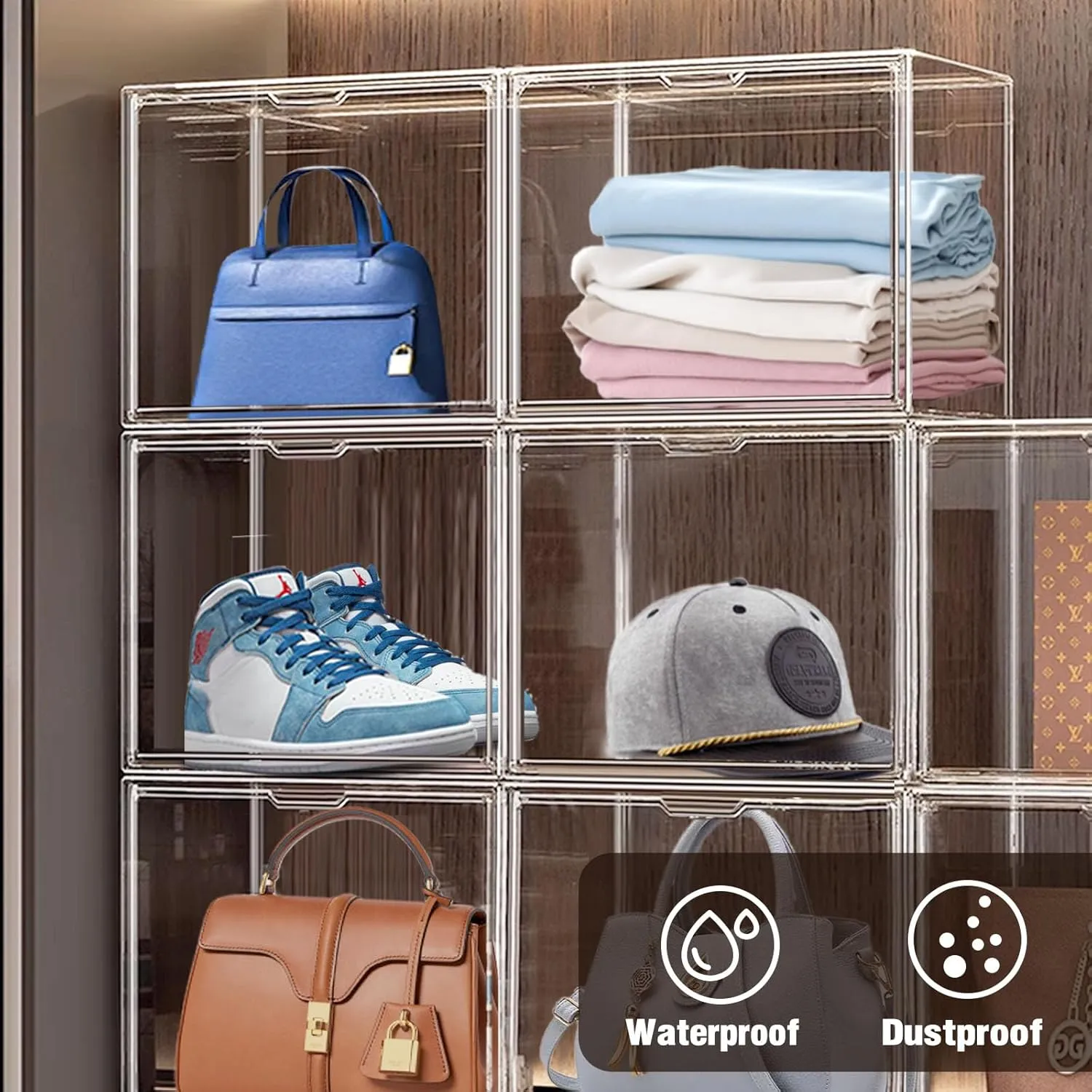 4Pack Purse Organizer for Closet Clear Acrylic Display Case for Handbag Organizer, Purse Storage Box with Magnetic Door, Dustproof Storage Bins for Book, Collectibles, Cosmetic
