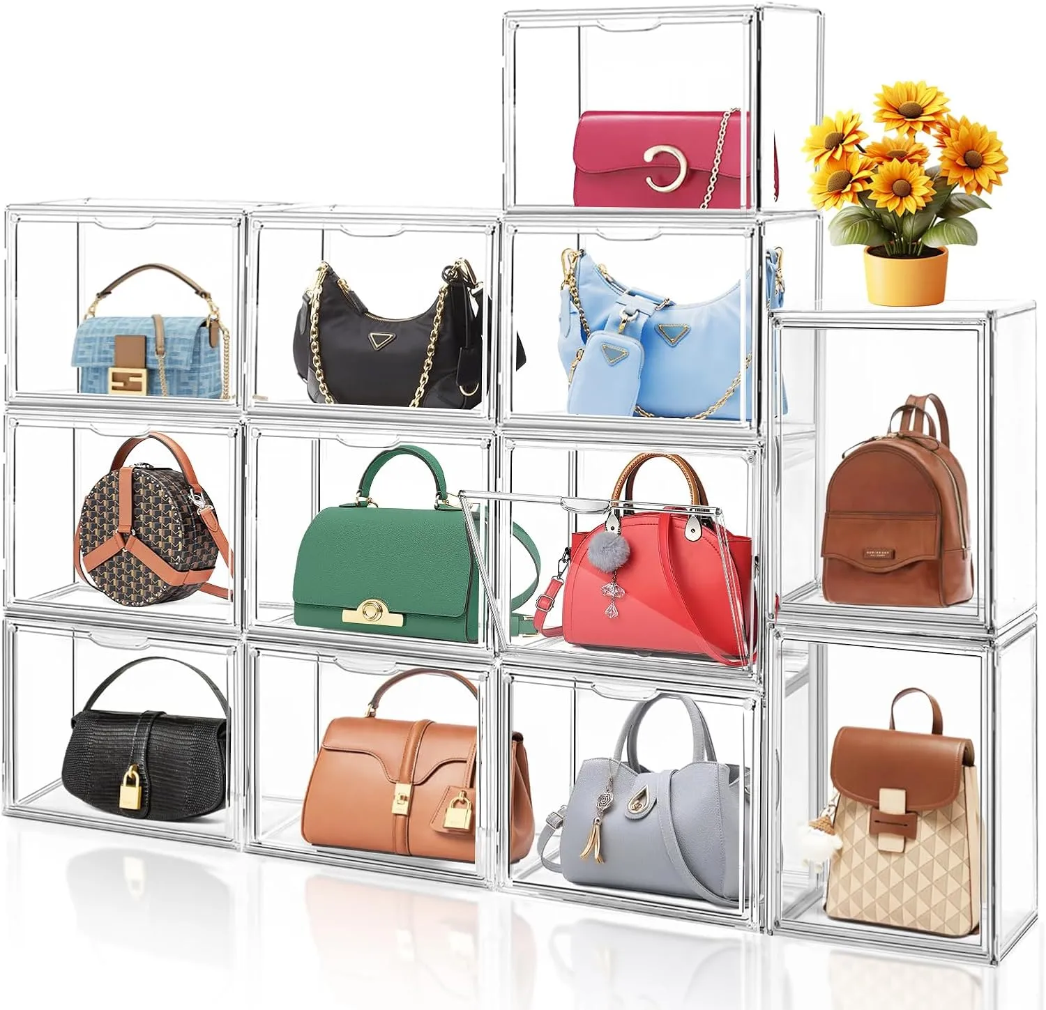 4Pack Purse Organizer for Closet Clear Acrylic Display Case for Handbag Organizer, Purse Storage Box with Magnetic Door, Dustproof Storage Bins for Book, Collectibles, Cosmetic