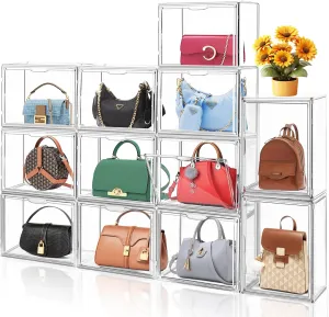 4Pack Purse Organizer for Closet Clear Acrylic Display Case for Handbag Organizer, Purse Storage Box with Magnetic Door, Dustproof Storage Bins for Book, Collectibles, Cosmetic