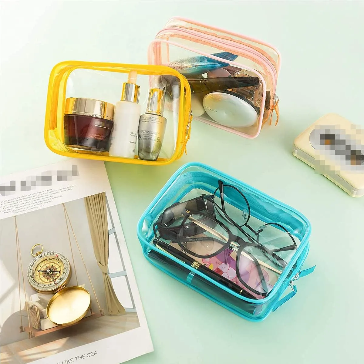 5 Pack Clear Plastic Zippered Toiletry Carry Pouch TSA Approved Toiletry Bag Portable Cosmetic Makeup Bag for Vacation, Bathroom and Organizing (Pink, Small)