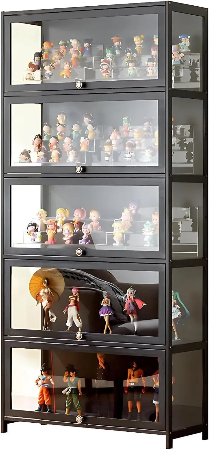 5 Tier Curio Display Cabinet, Display Cabinet with Acrylic Glass Door, Collectibles Toy Organizers Rack & Display Shelf, Kids Bookcase for Bedroom, Reading Nook, Toddler's Room, Bamboo