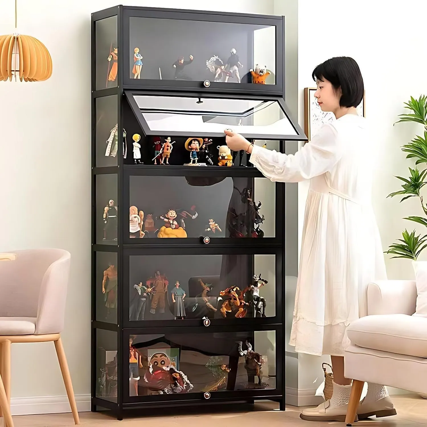 5 Tier Curio Display Cabinet, Display Cabinet with Acrylic Glass Door, Collectibles Toy Organizers Rack & Display Shelf, Kids Bookcase for Bedroom, Reading Nook, Toddler's Room, Bamboo