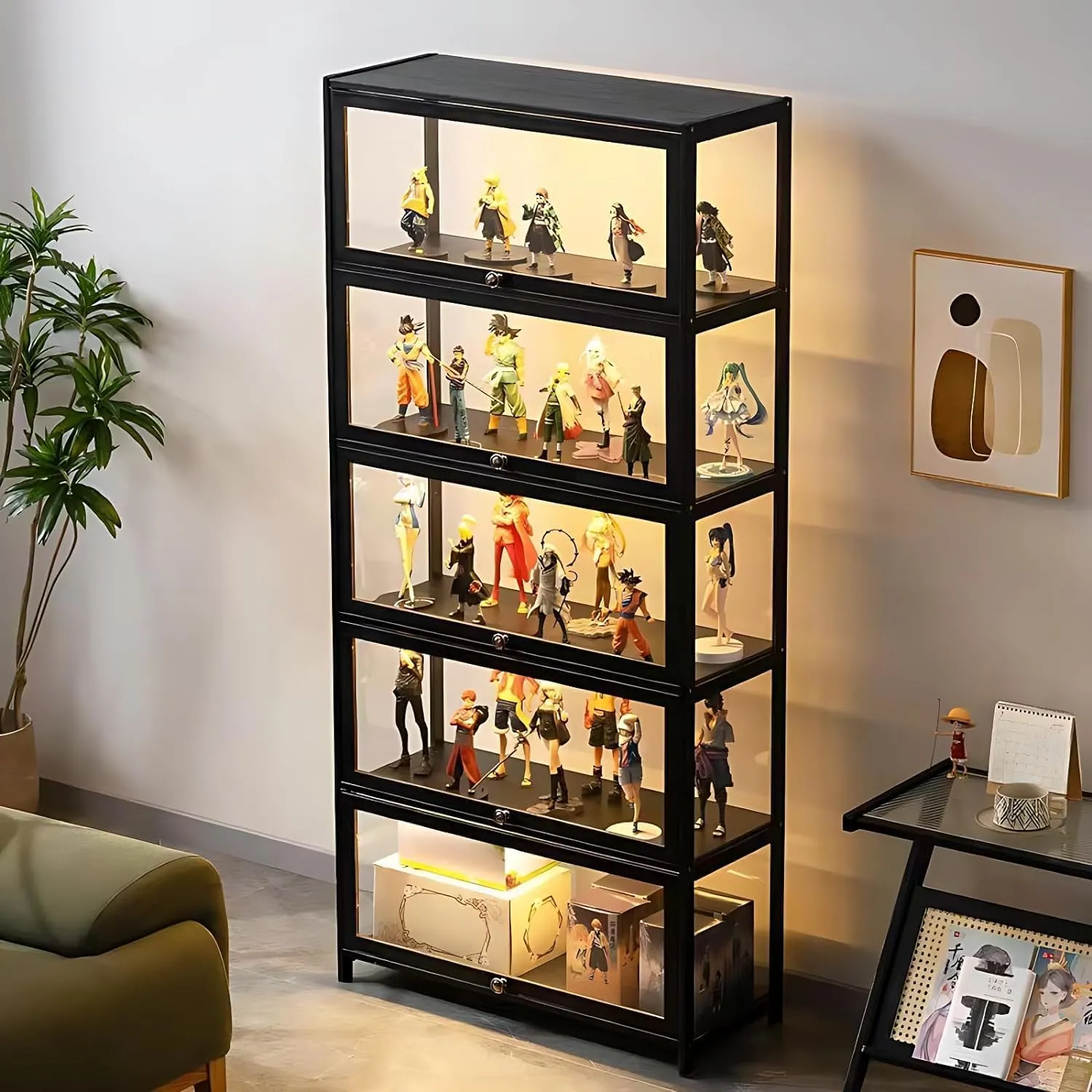 5 Tier Curio Display Cabinet, Display Cabinet with Acrylic Glass Door, Collectibles Toy Organizers Rack & Display Shelf, Kids Bookcase for Bedroom, Reading Nook, Toddler's Room, Bamboo