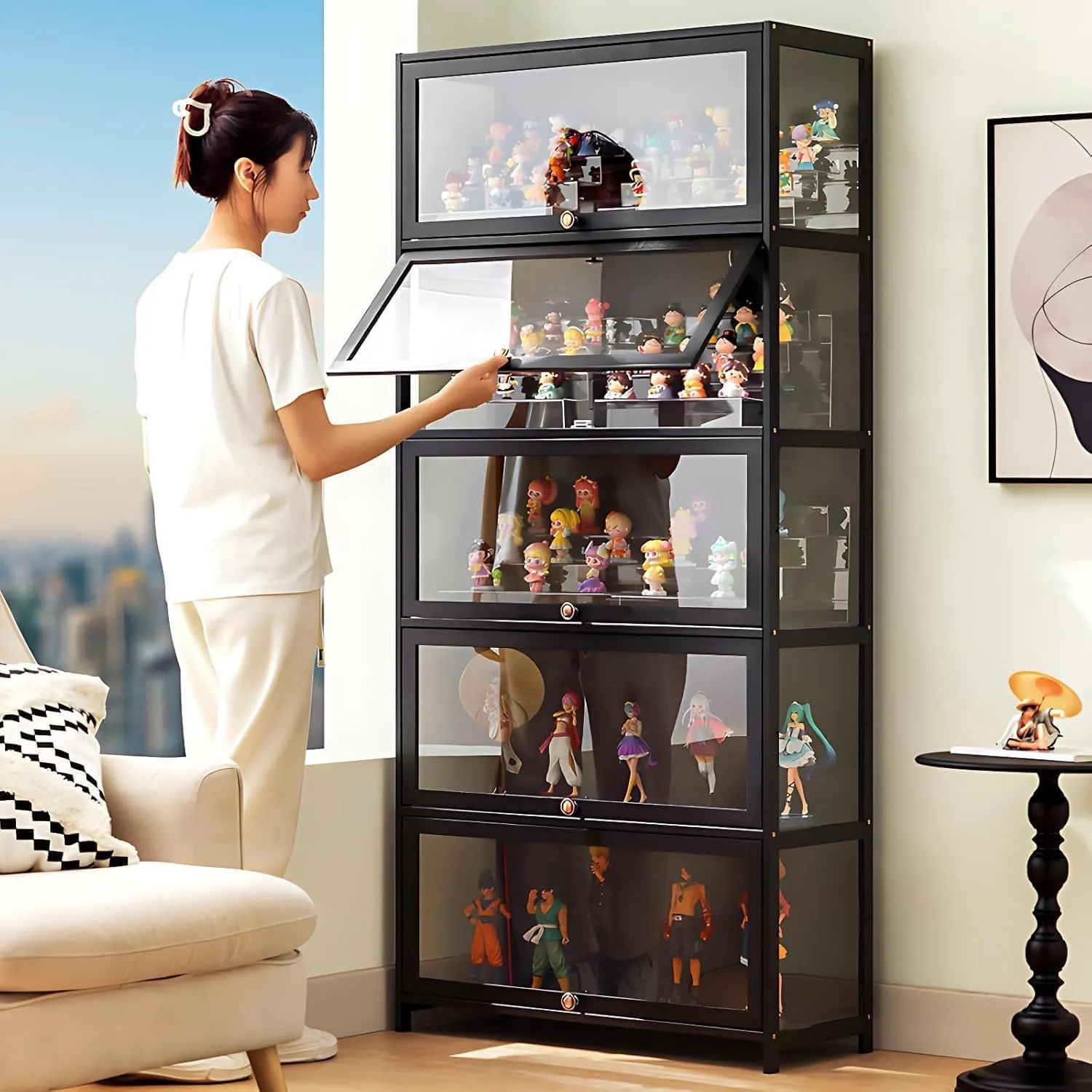 5 Tier Curio Display Cabinet, Display Cabinet with Acrylic Glass Door, Collectibles Toy Organizers Rack & Display Shelf, Kids Bookcase for Bedroom, Reading Nook, Toddler's Room, Bamboo