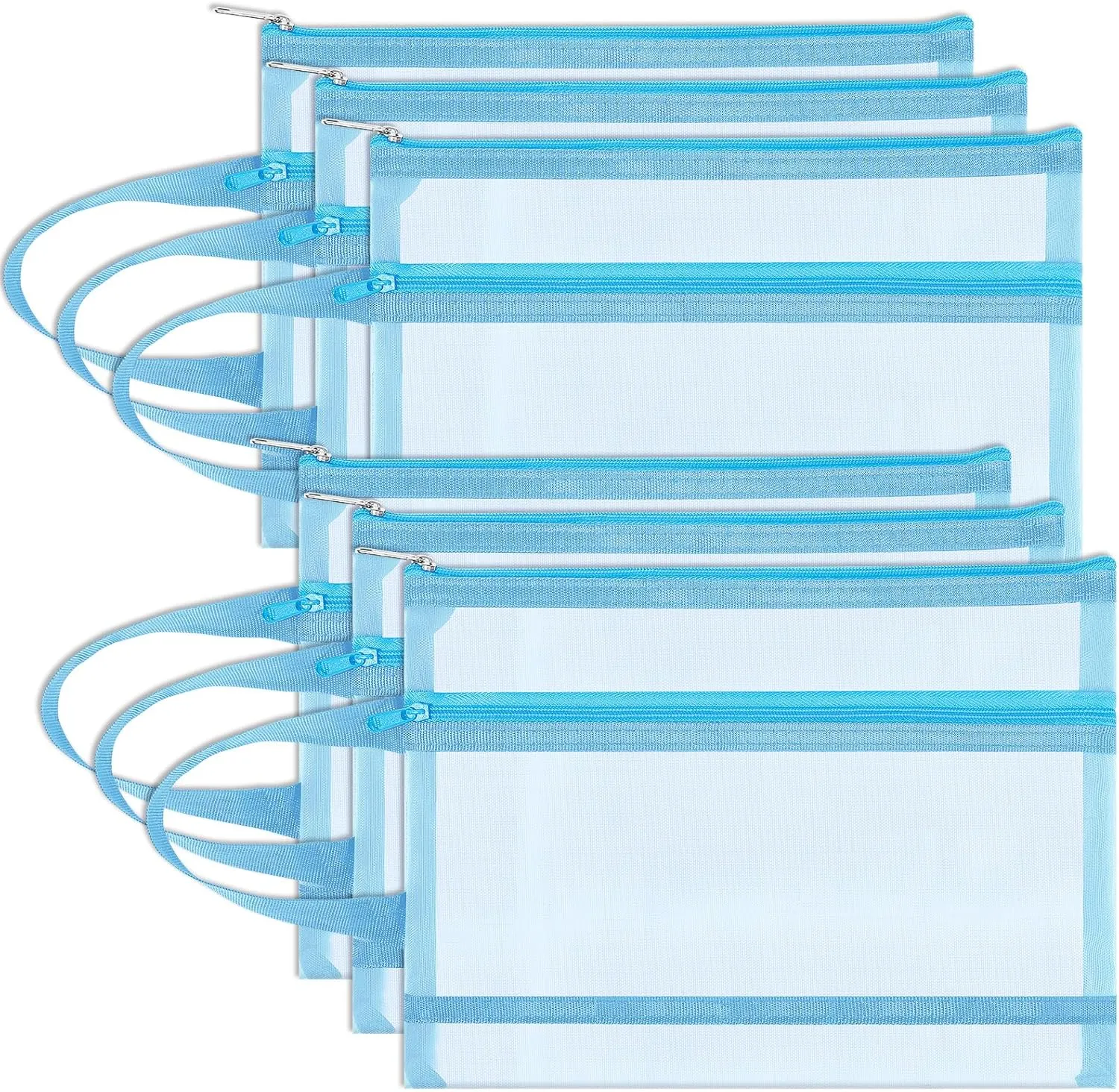 6 Pack Mesh Zipper Pouch Bags, Double Layer Nylon Pouch with Handle for Office Travel Organization (Blue, A4)