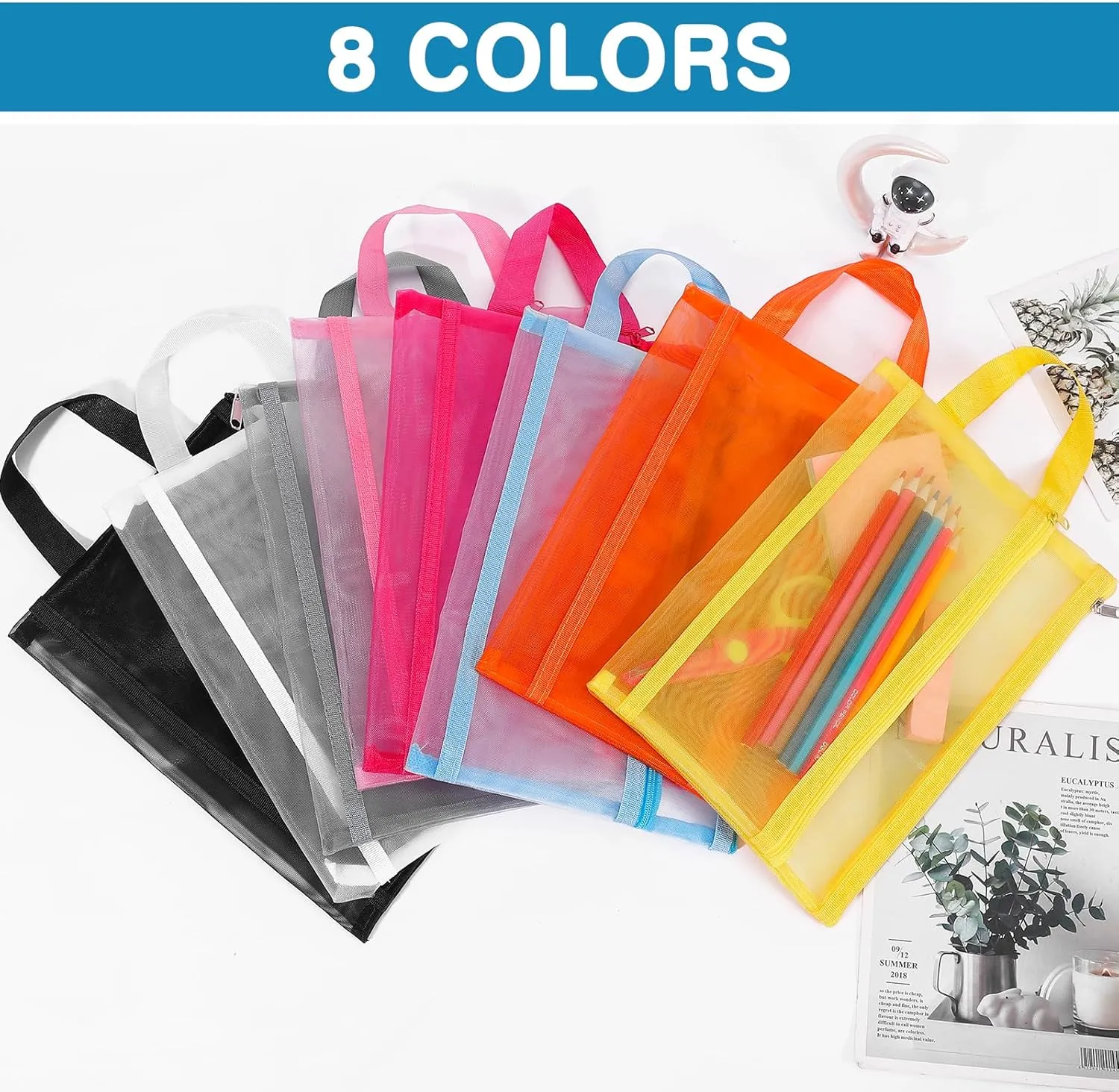 6 Pack Mesh Zipper Pouch Bags, Double Layer Nylon Pouch with Handle for Office Travel Organization (Blue, A4)