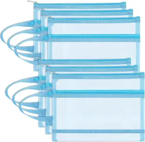 6 Pack Mesh Zipper Pouch Bags, Double Layer Nylon Pouch with Handle for Office Travel Organization (Blue, A4)