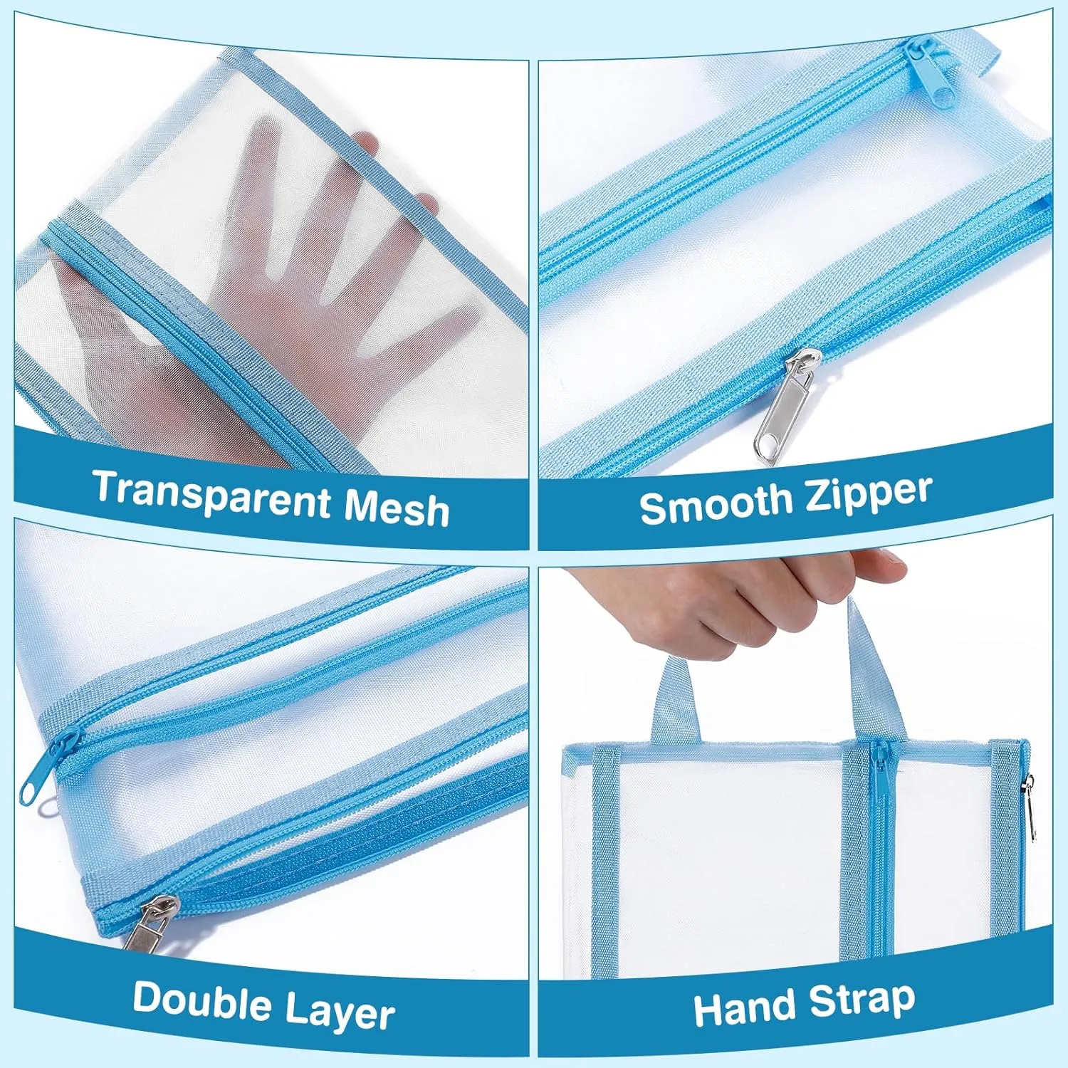 6 Pack Mesh Zipper Pouch Bags, Double Layer Nylon Pouch with Handle for Office Travel Organization (Blue, A4)