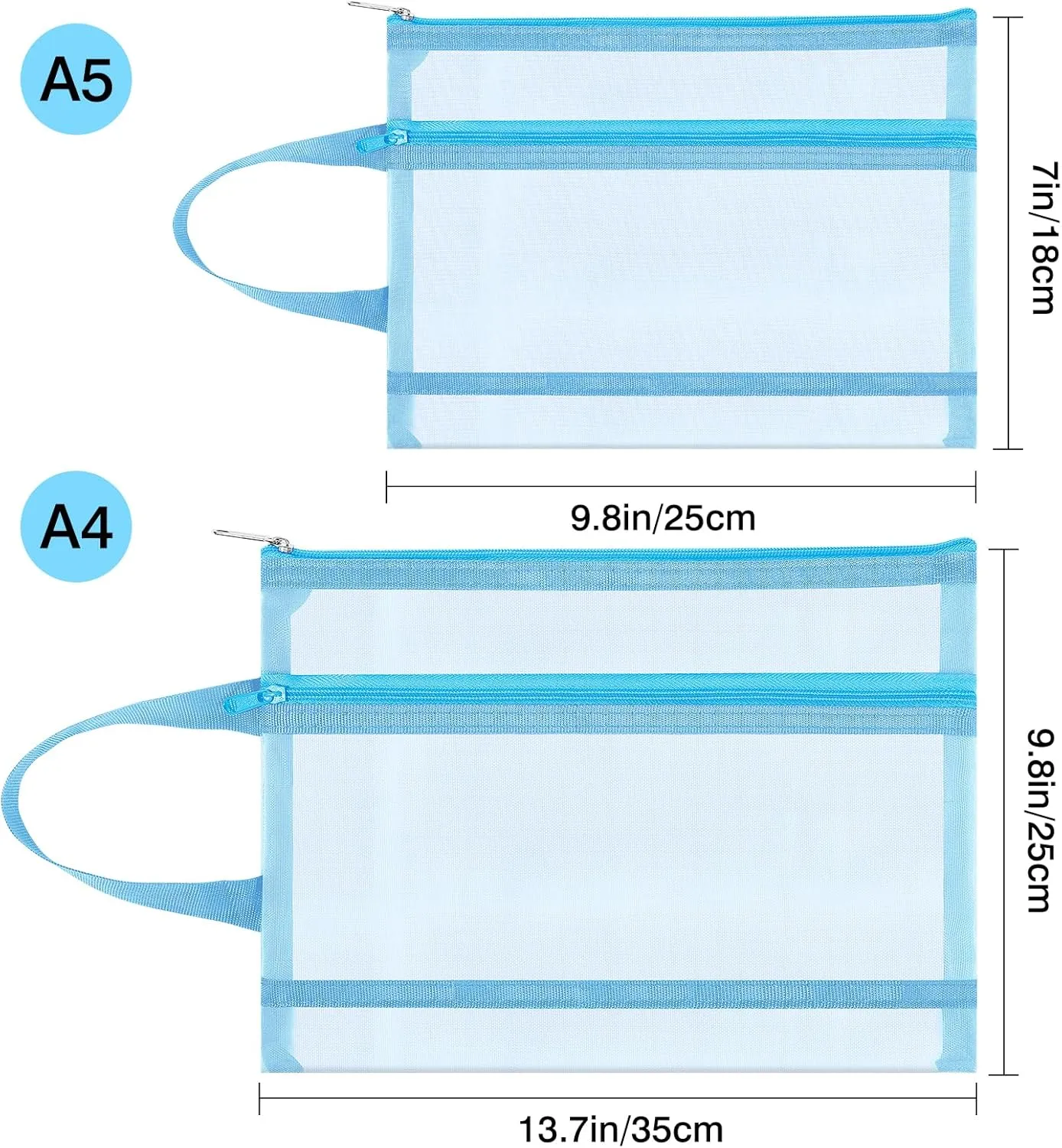 6 Pack Mesh Zipper Pouch Bags, Double Layer Nylon Pouch with Handle for Office Travel Organization (Blue, A4)