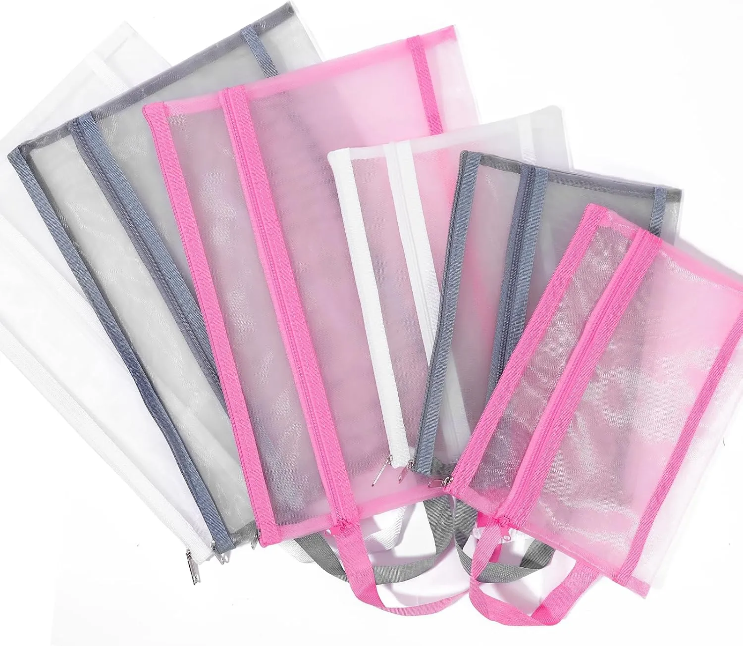 6 Pack Mesh Zipper Pouch Bags, Double Layer Nylon Pouch with Handle for Office Travel Organization (Blue, A4)