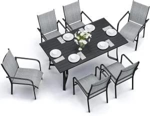 7-Piece Outdoor Patio Dining Set - 6 Stackable Texlin Sling Chairs & 63" Table, Weatherproof Low-Maintenance Furniture for Yard/Porch/Poolside/Garden, Includes Umbrella Hole