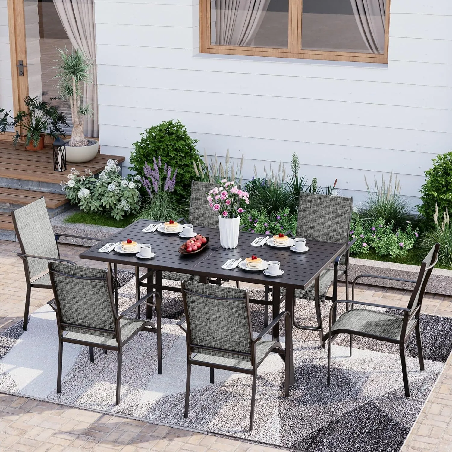 7-Piece Outdoor Patio Dining Set - 6 Stackable Texlin Sling Chairs & 63" Table, Weatherproof Low-Maintenance Furniture for Yard/Porch/Poolside/Garden, Includes Umbrella Hole