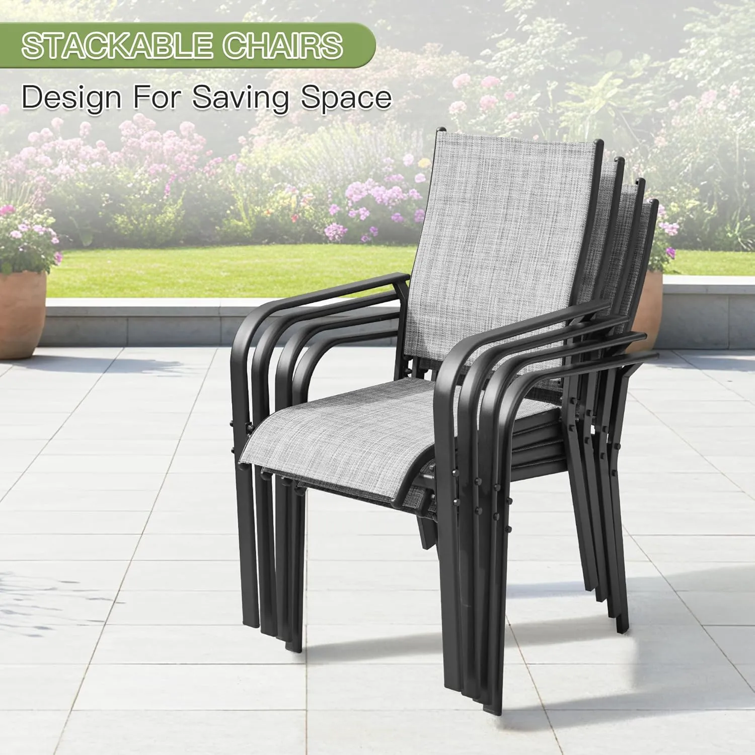 7-Piece Outdoor Patio Dining Set - 6 Stackable Texlin Sling Chairs & 63" Table, Weatherproof Low-Maintenance Furniture for Yard/Porch/Poolside/Garden, Includes Umbrella Hole