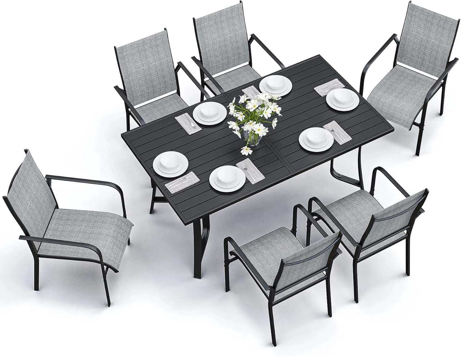 7-Piece Outdoor Patio Dining Set - 6 Stackable Texlin Sling Chairs & 63" Table, Weatherproof Low-Maintenance Furniture for Yard/Porch/Poolside/Garden, Includes Umbrella Hole
