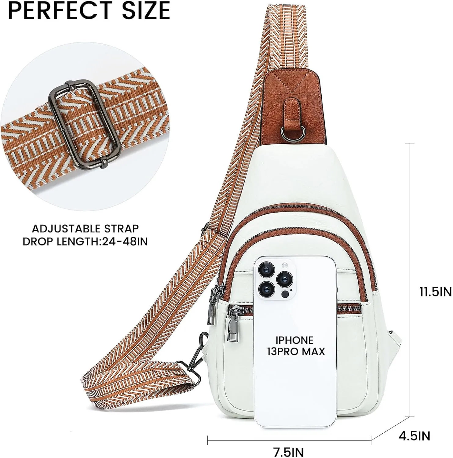 7L Sling Bags for Women Men Crossbody Bags Fanny Packs Chest Bags for Travel Sports Hiking Faux Leather White