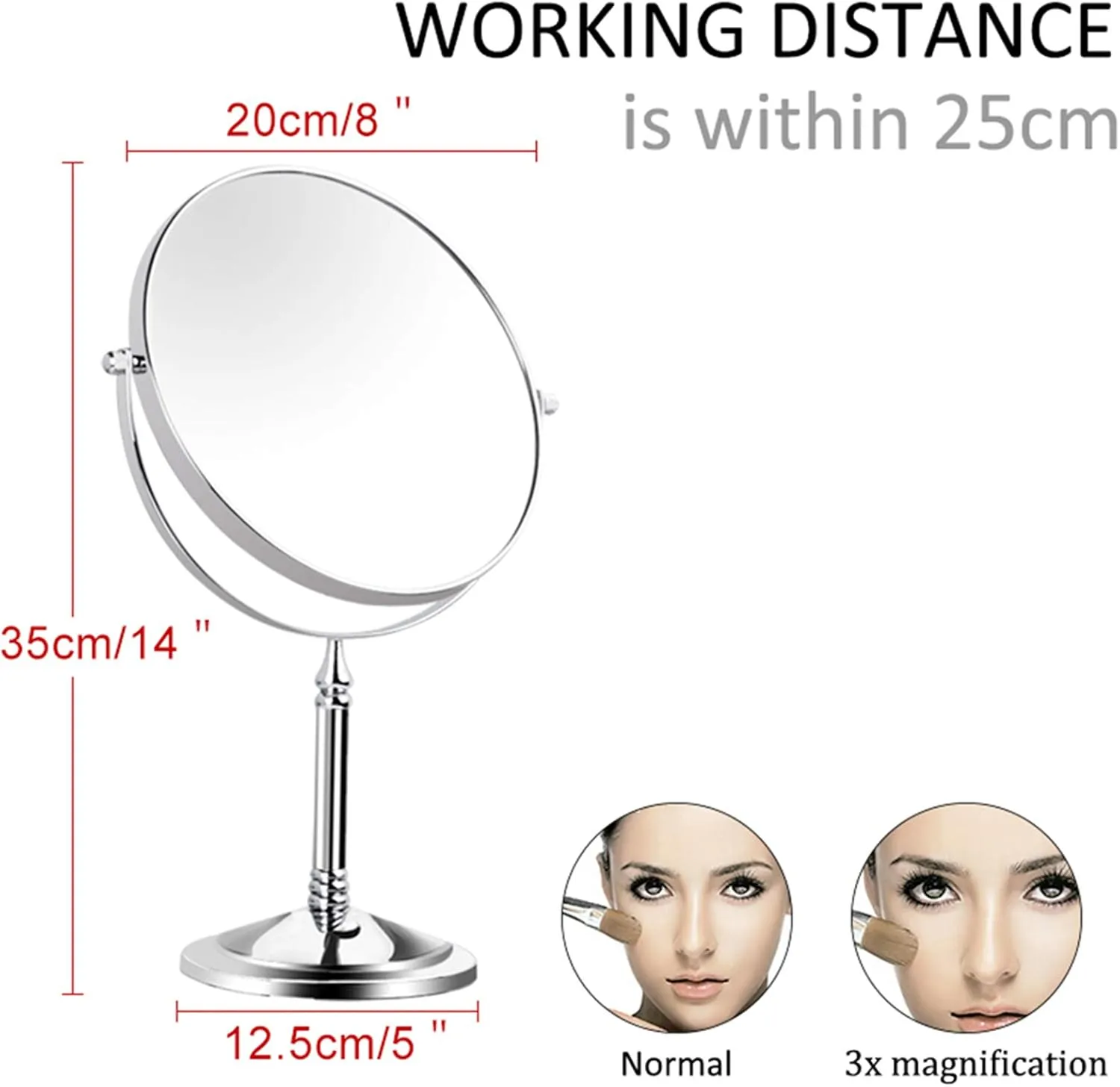 8 Inch Double Sided Makeup Mirror, 360° Swivel Vanity Mirror with Magnification, Standing Cosmetic and Shaving Mirror for Tabletop Use