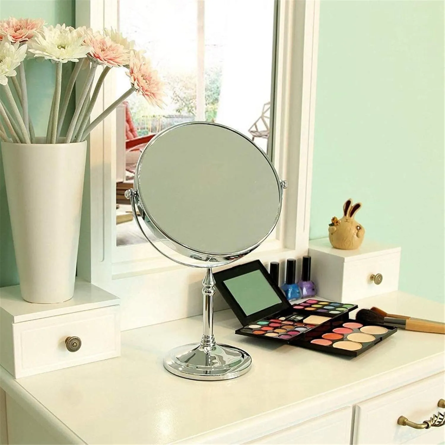 8 Inch Double Sided Makeup Mirror, 360° Swivel Vanity Mirror with Magnification, Standing Cosmetic and Shaving Mirror for Tabletop Use