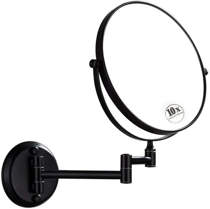 8 Inch Wall Mounted Makeup Mirror with 1X/10X Magnification - Double Sided 360 Swivel Extendable Cosmetic Mirror for Bathroom and Hotel Use - Black Finish Cosmetic Mirror