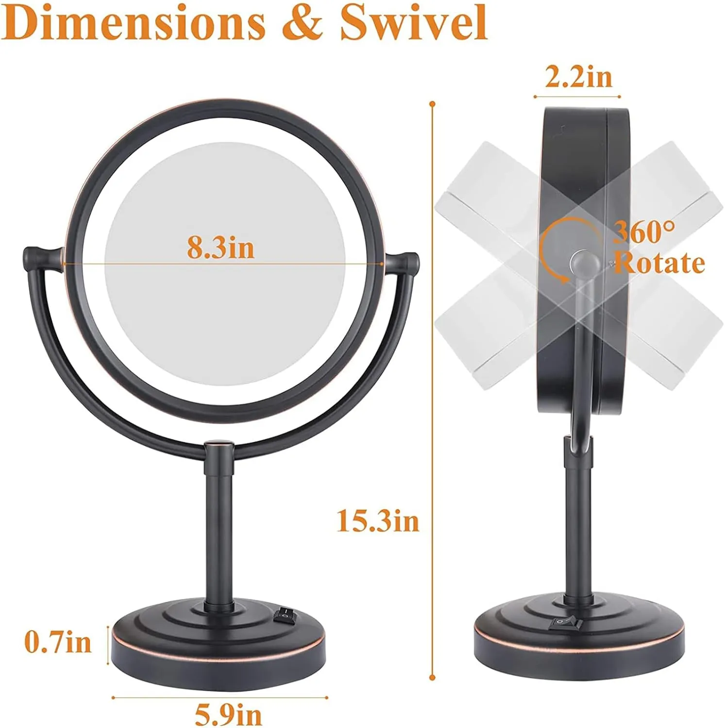 8.5 Inch Black Tabletop LED Lighted Makeup Mirror, Double Side Rotation Beauty Cosmetic Mirror, Magnification HD Shaving Mirror, Countertop Standing Vanity Mirror for Bathroom,USB,10X