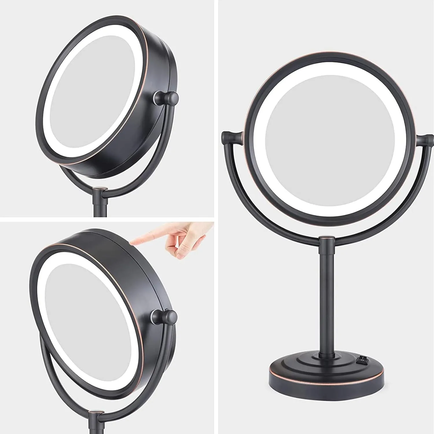 8.5 Inch Black Tabletop LED Lighted Makeup Mirror, Double Side Rotation Beauty Cosmetic Mirror, Magnification HD Shaving Mirror, Countertop Standing Vanity Mirror for Bathroom,USB,10X