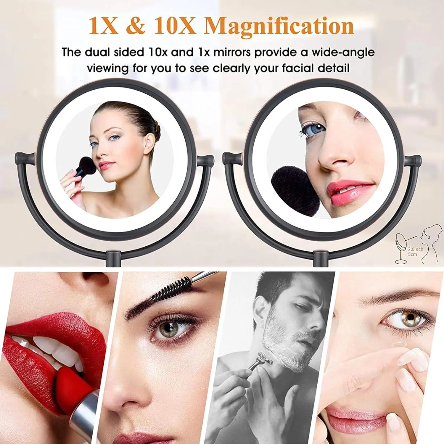 8.5 Inch Black Tabletop LED Lighted Makeup Mirror, Double Side Rotation Beauty Cosmetic Mirror, Magnification HD Shaving Mirror, Countertop Standing Vanity Mirror for Bathroom,USB,10X