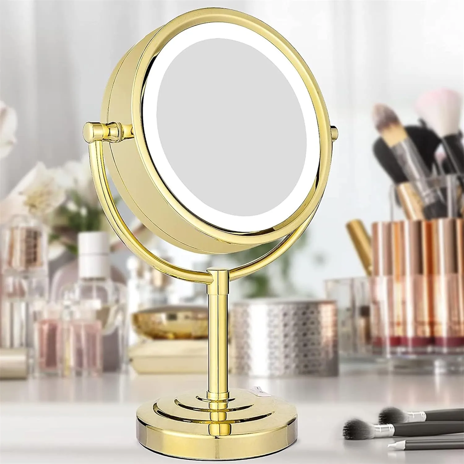 8.5 Inch Gold Tabletop LED Lighted Makeup Mirror, Double Side Rotation Beauty Cosmetic Mirror, Magnification HD Shaving Mirror, Countertop Standing Vanity Mirror for Hotel,Plug in,7X