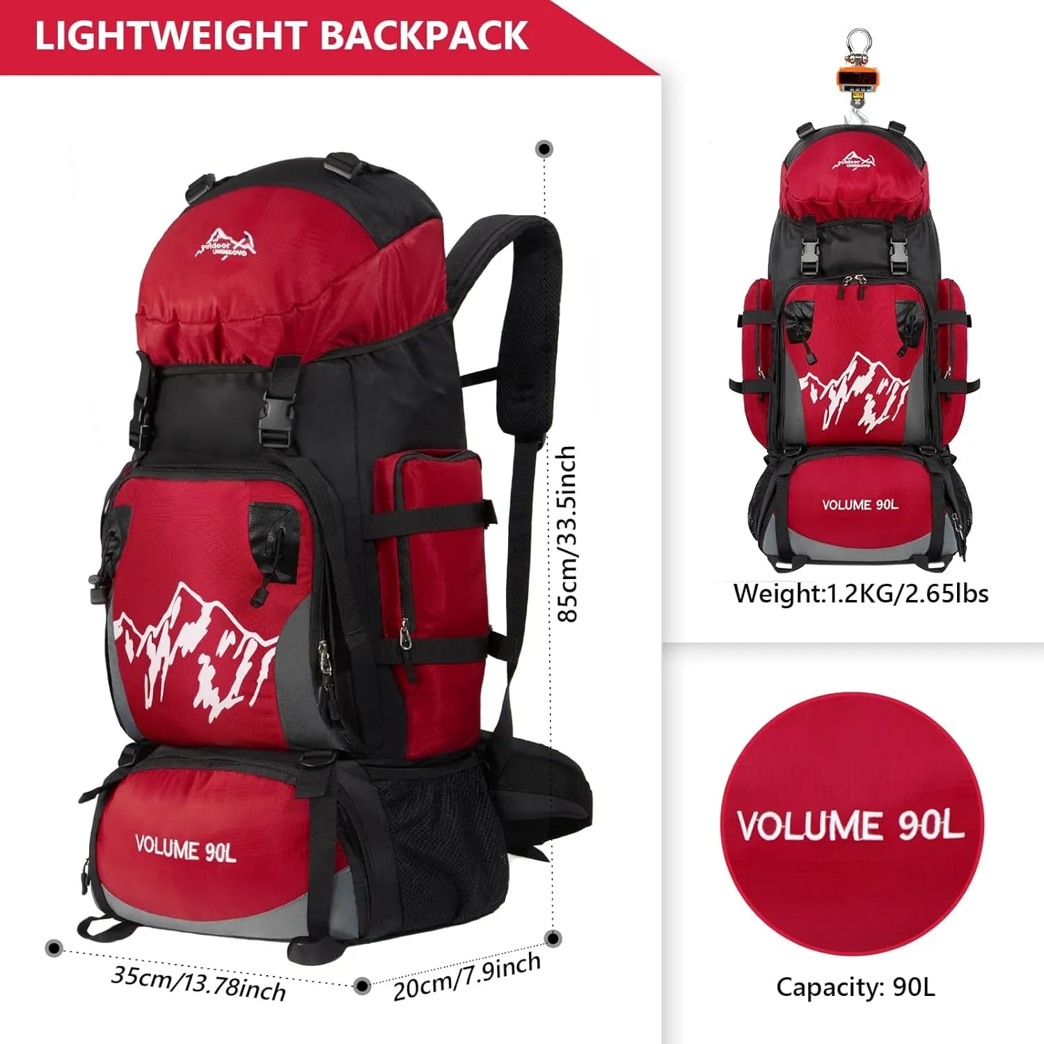90L Hiking Backpack, Camping Travel Backpack with Rain Cover Lightweight Travel Daypack for Climbing Camping Touring (Red)