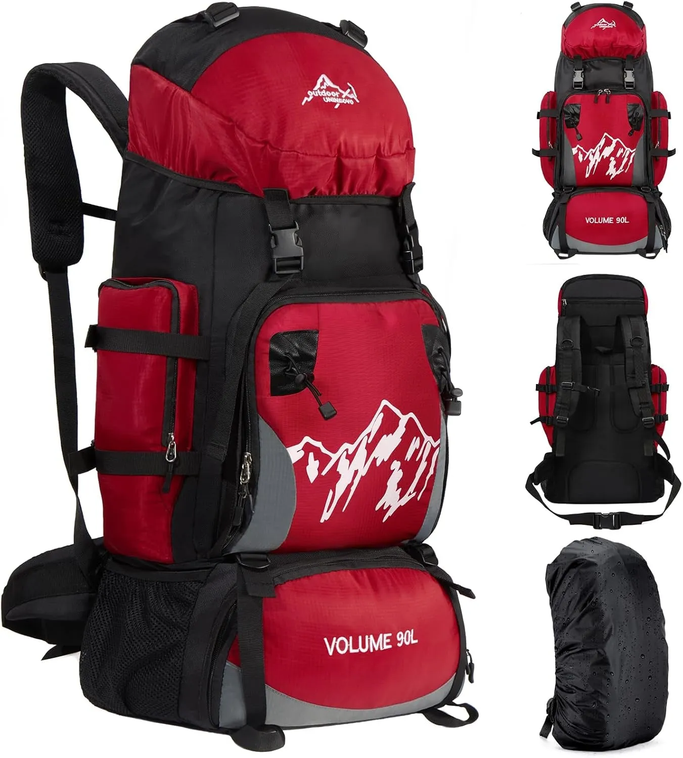 90L Hiking Backpack, Camping Travel Backpack with Rain Cover Lightweight Travel Daypack for Climbing Camping Touring (Red)
