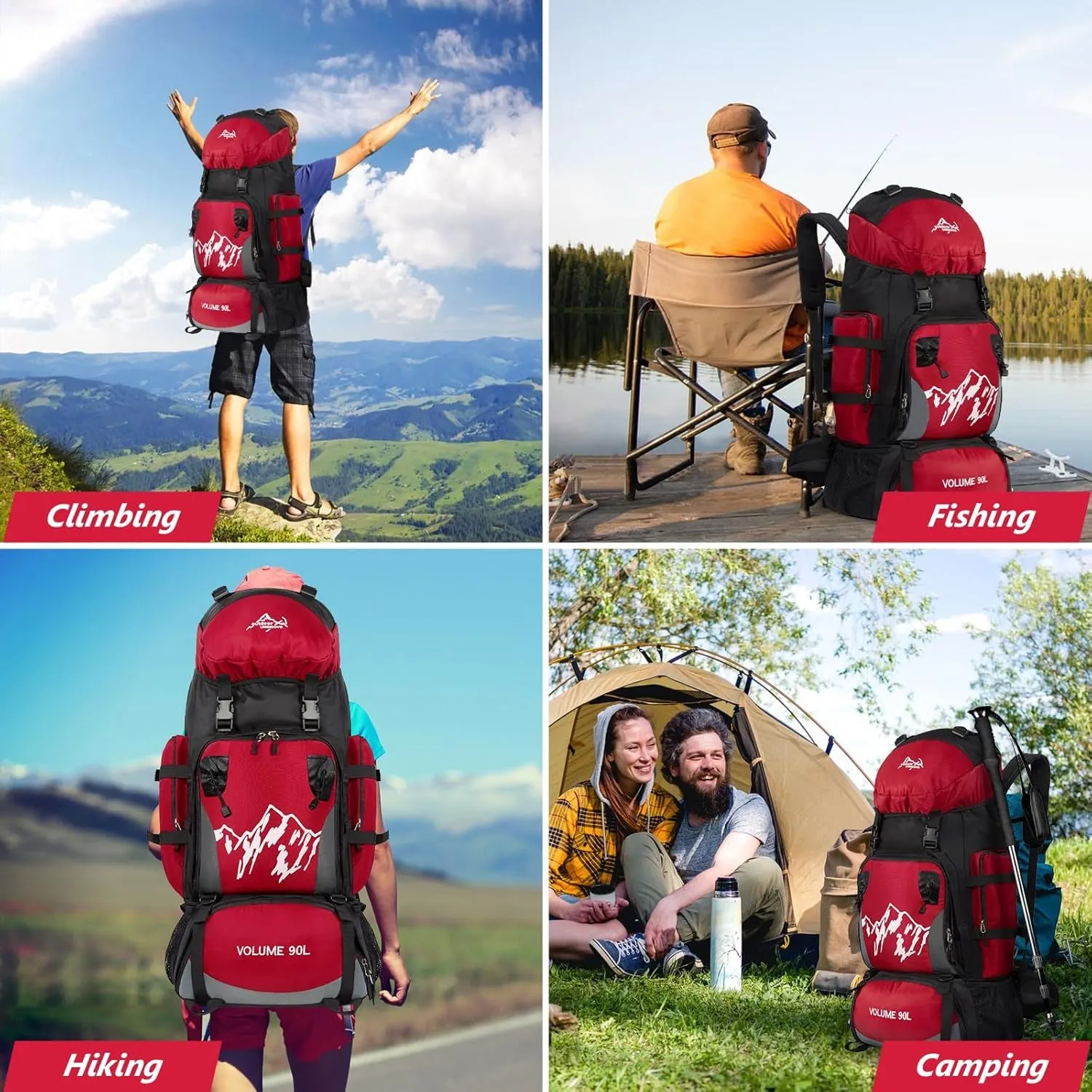 90L Hiking Backpack, Camping Travel Backpack with Rain Cover Lightweight Travel Daypack for Climbing Camping Touring (Red)