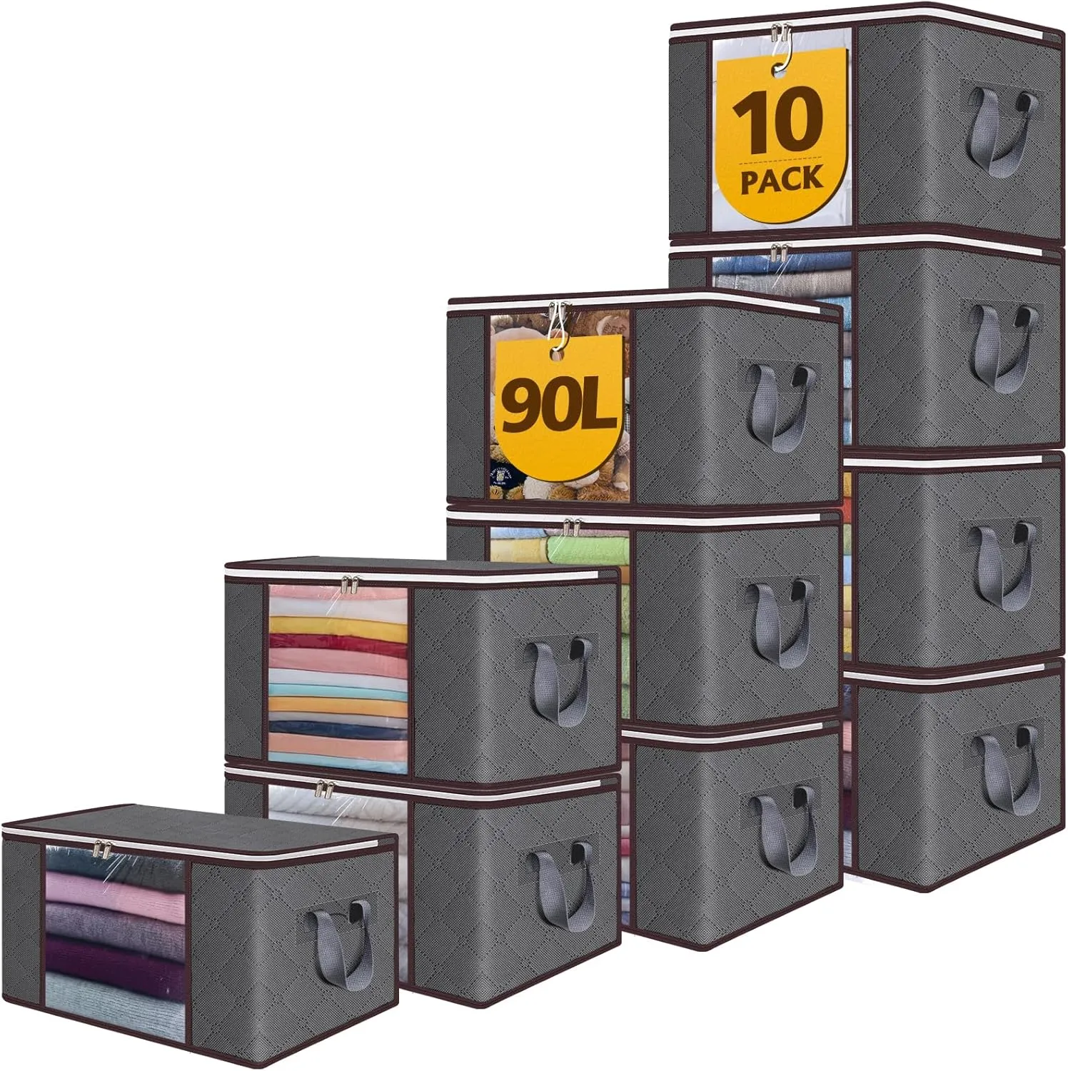 90L Large Storage Bags,10 Pack Foldable Clothes Storage Bins,Closet Organizers Storage Containers Durable Handle Thick Fabric For Bedding,Clothing, Blanket, Pillows and Toys,Grey